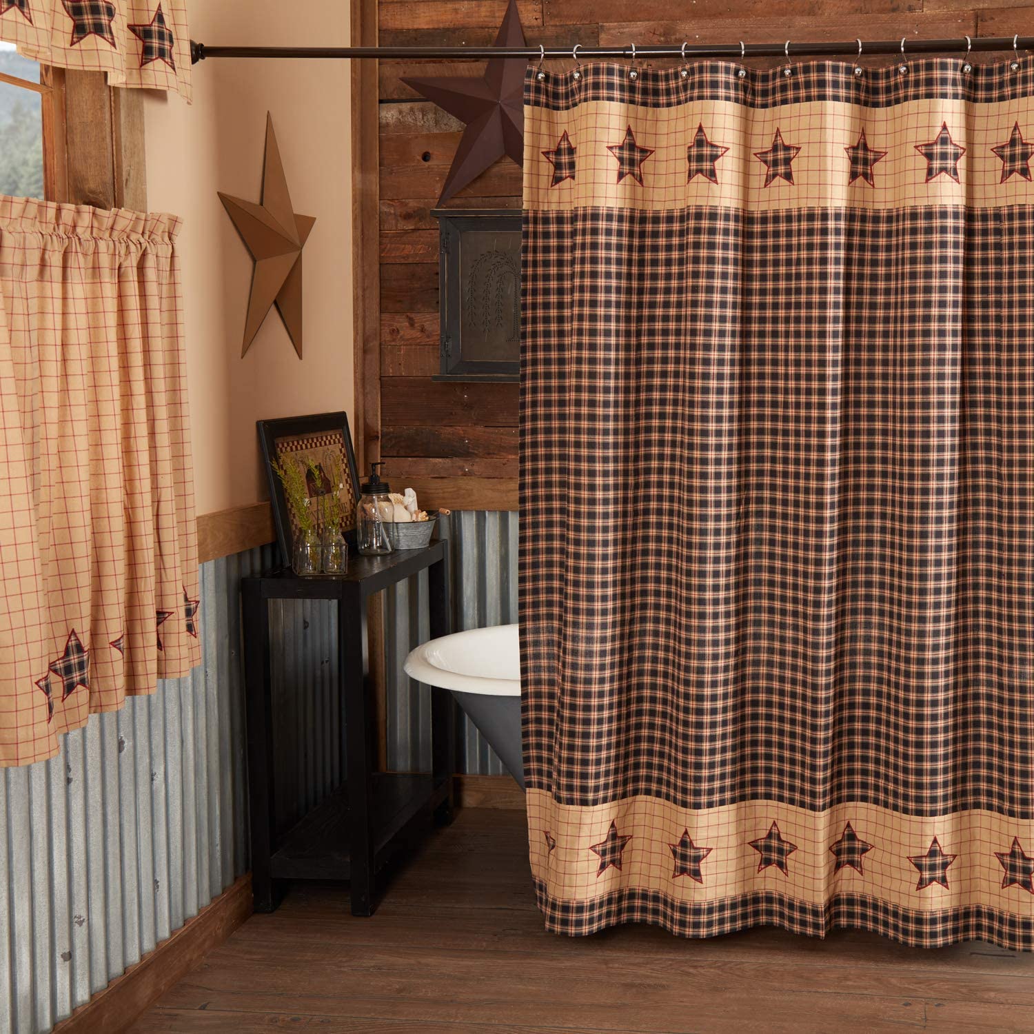 Soft Black and Tan Patchwork Design Bingham Star Shower Curtain for Country Decor