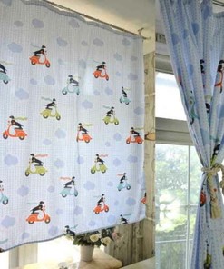 Soft Blue Shower Curtain with Pretty Dog Motorcycle and Cloud Rain Design