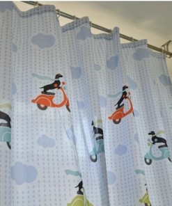 Soft Blue Shower Curtain with Pretty Dog Motorcycle and Cloud Rain Design