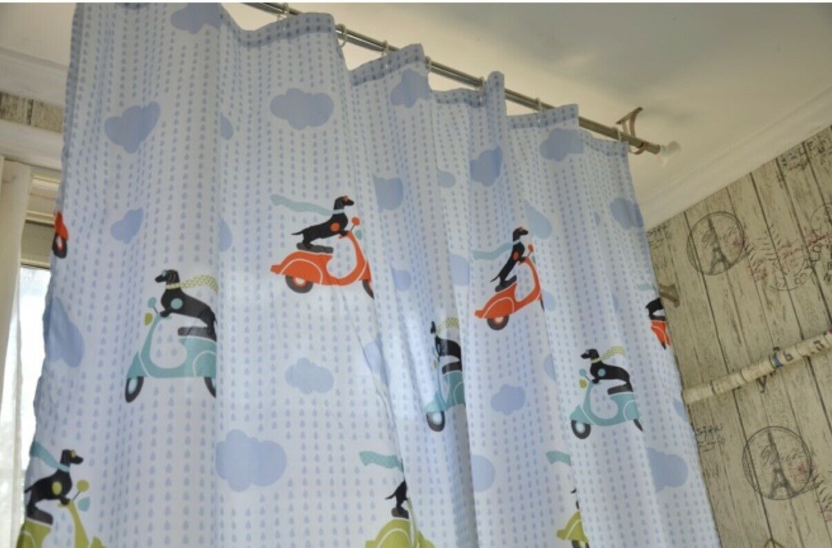 Soft Blue Shower Curtain with Pretty Dog Motorcycle and Cloud Rain Design