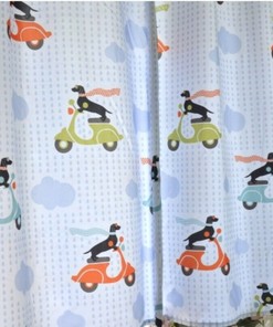 Soft Blue Shower Curtain with Pretty Dog Motorcycle and Cloud Rain Design