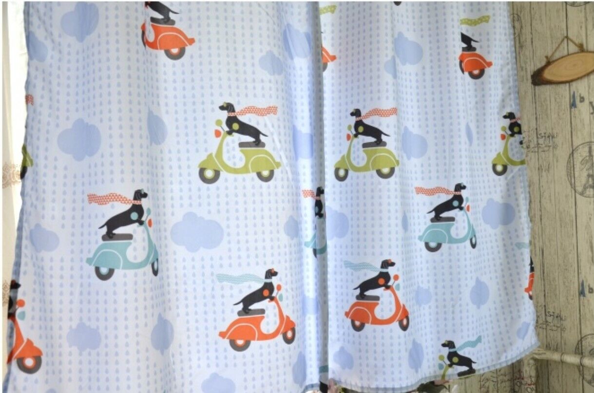 Soft Blue Shower Curtain with Pretty Dog Motorcycle and Cloud Rain Design