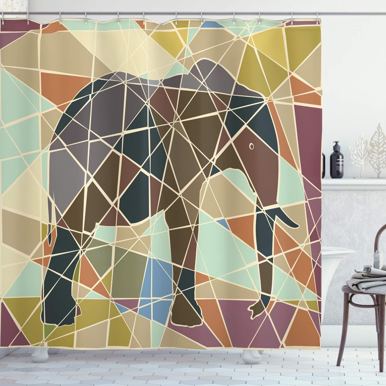 Soft Colors Wildlife Nature Shower Curtain, Mosaic Design Animal In Savannah Theme Print Art