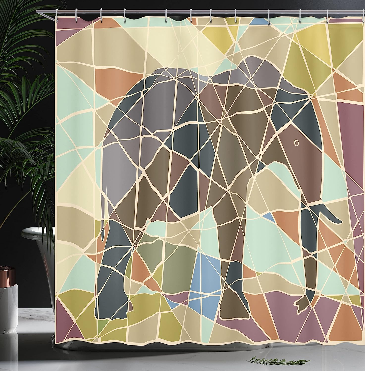Soft Colors Wildlife Nature Shower Curtain, Mosaic Design Animal In Savannah Theme Print Art - Image 3