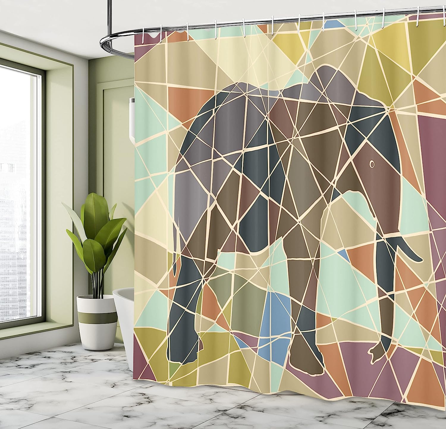 Soft Colors Wildlife Nature Shower Curtain, Mosaic Design Animal In Savannah Theme Print Art - Image 4
