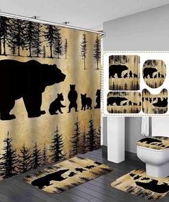 Soft Fabric Black Rustic Bear Shower Curtain With Mother Bear & Cute Baby Bears