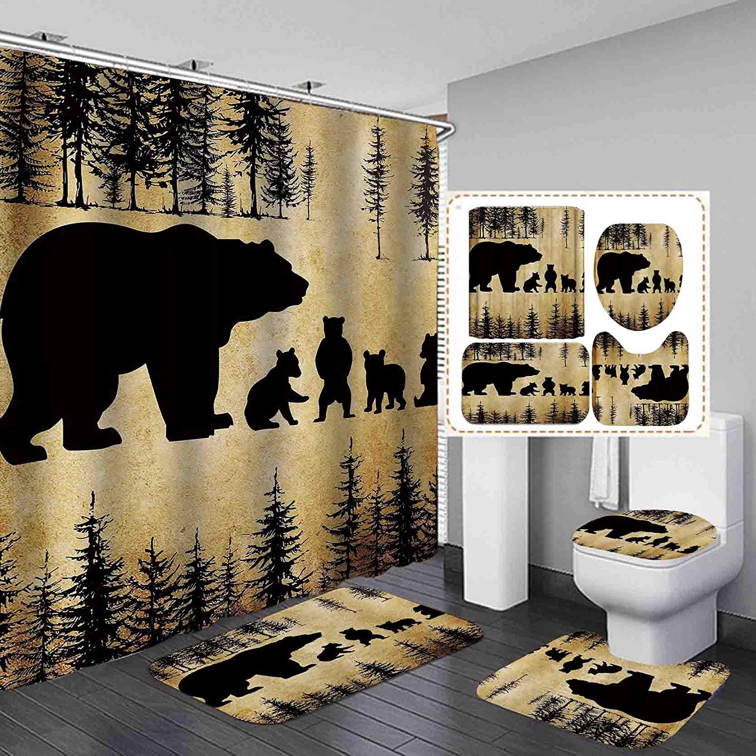 Soft Fabric Black Rustic Bear Shower Curtain With Mother Bear & Cute Baby Bears