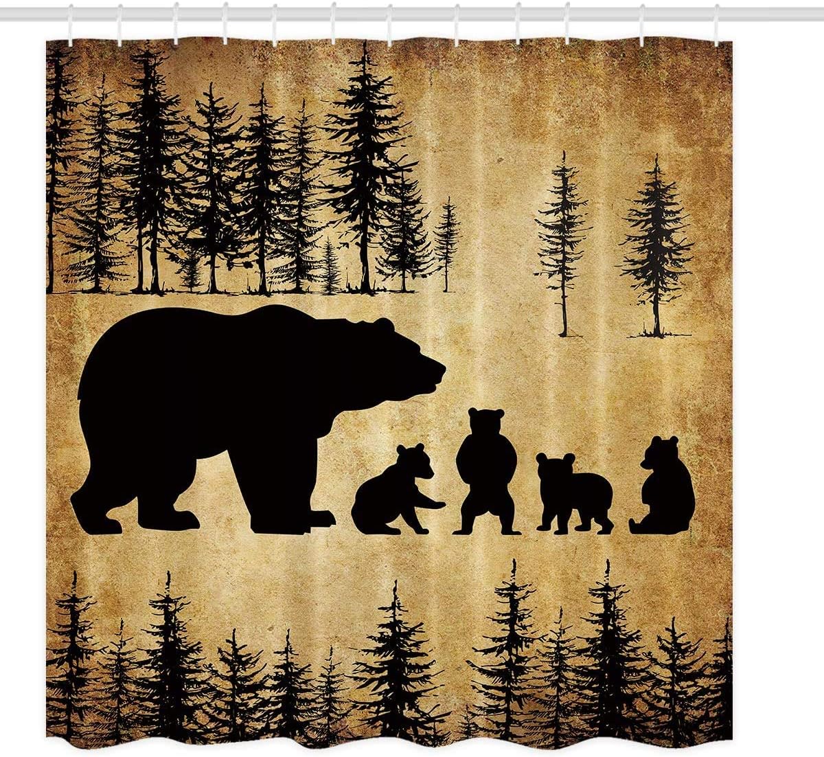 Soft Fabric Black Rustic Bear Shower Curtain With Mother Bear & Cute Baby Bears - Image 2
