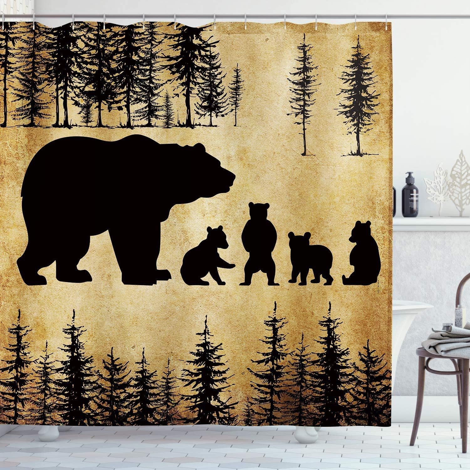 Soft Fabric Black Rustic Bear Shower Curtain With Mother Bear & Cute Baby Bears - Image 3