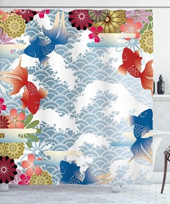 Soft Tone Koi Fish And Floral Shower Curtain In Pastel Blue