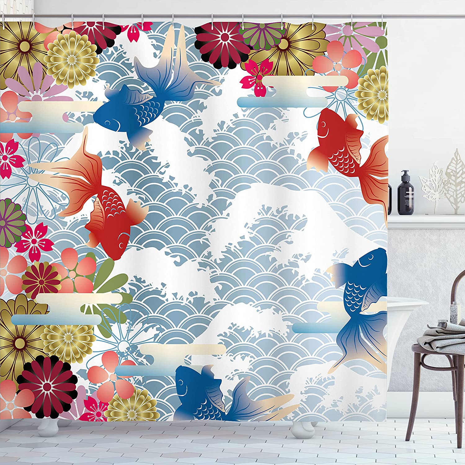 Soft Tone Koi Fish And Floral Shower Curtain In Pastel Blue