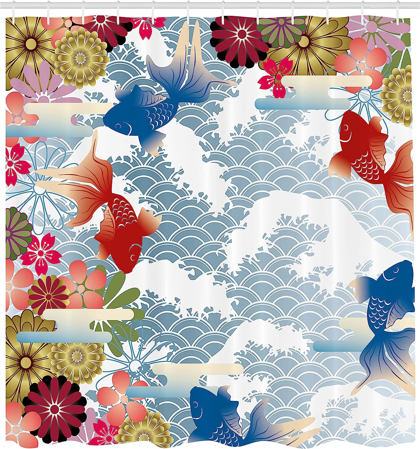 Soft Tone Koi Fish And Floral Shower Curtain In Pastel Blue - Image 2