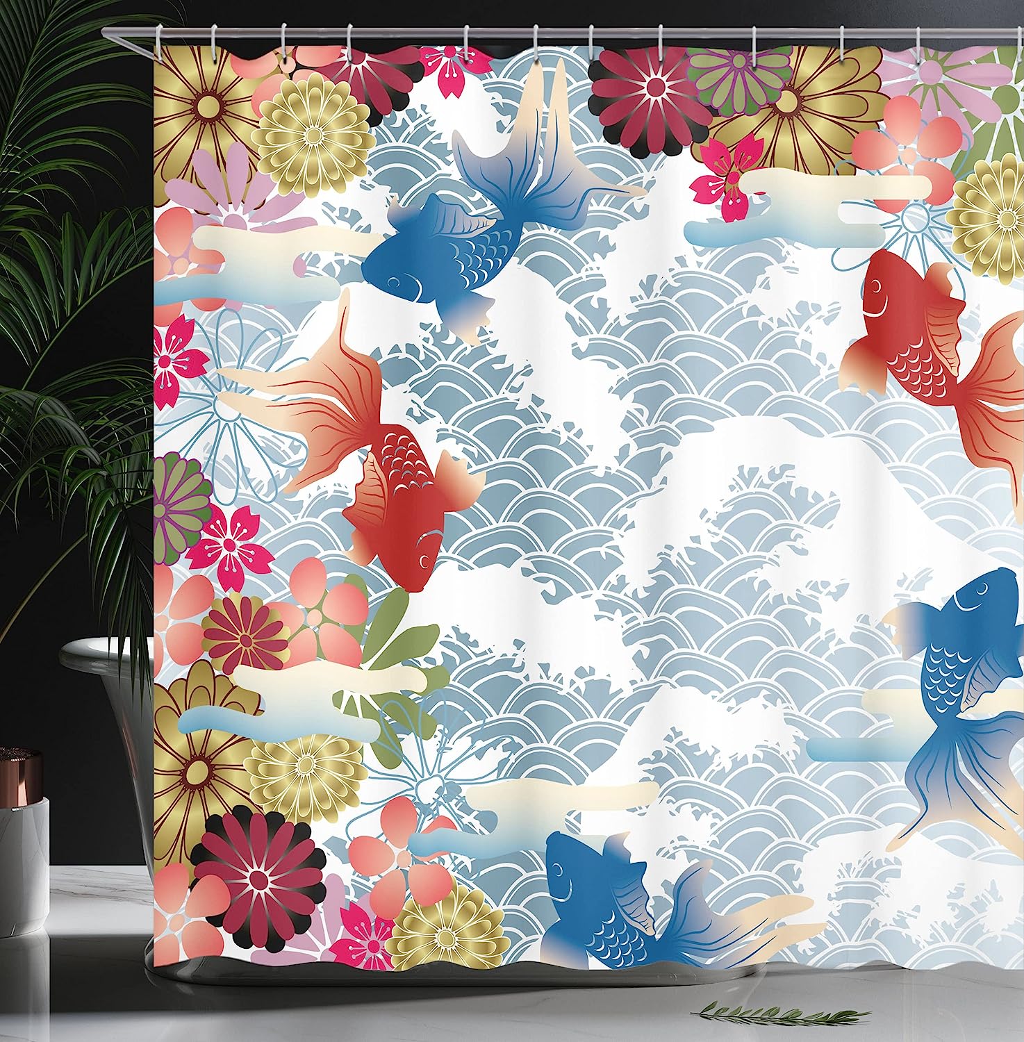 Soft Tone Koi Fish And Floral Shower Curtain In Pastel Blue - Image 3