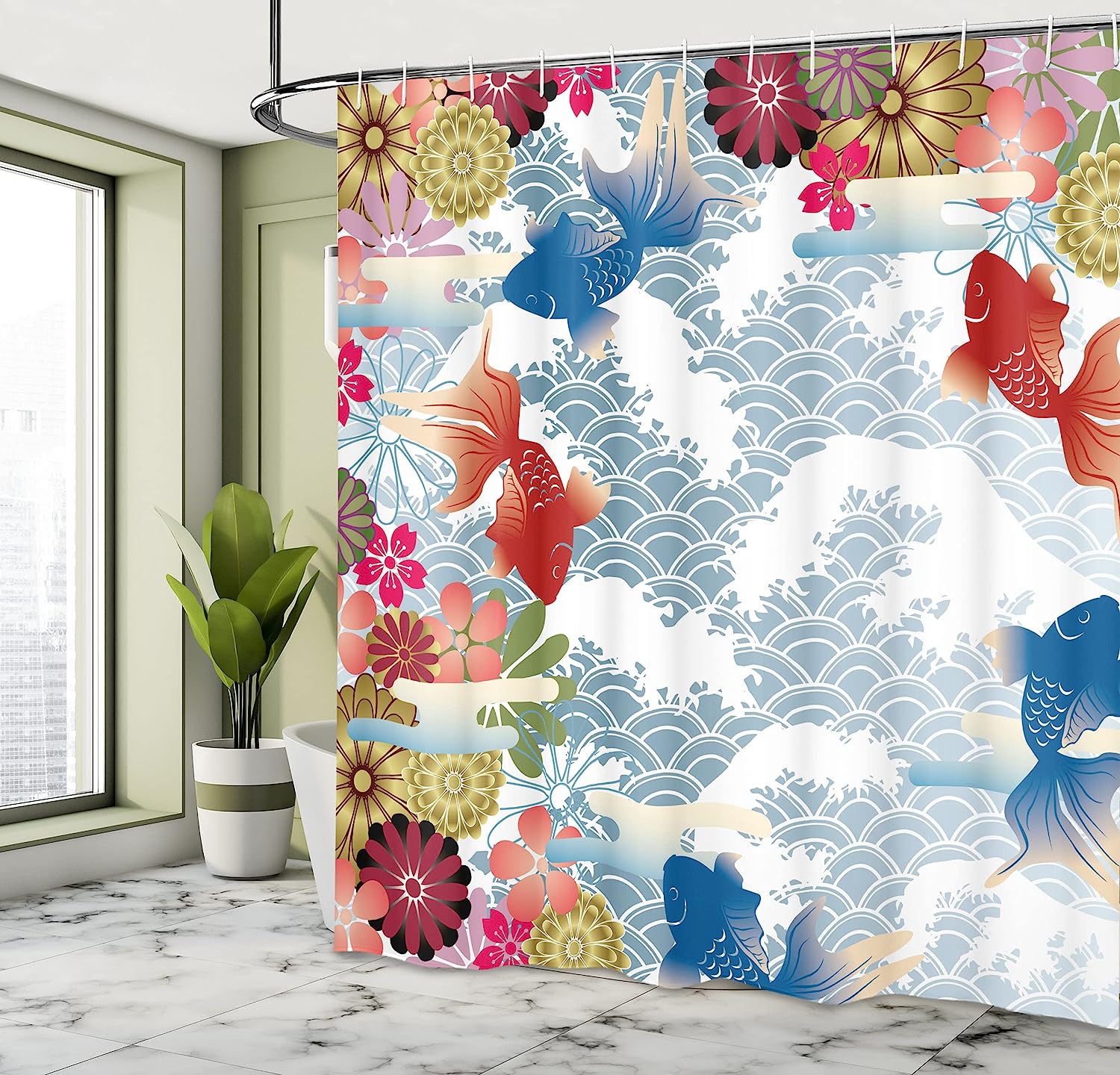 Soft Tone Koi Fish And Floral Shower Curtain In Pastel Blue - Image 4