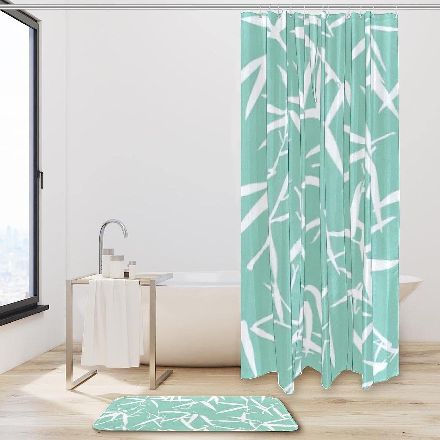 Soft Tones Bamboo Leaf Silhouette Print Shower Curtain For Bathroom Tub Set - Image 2