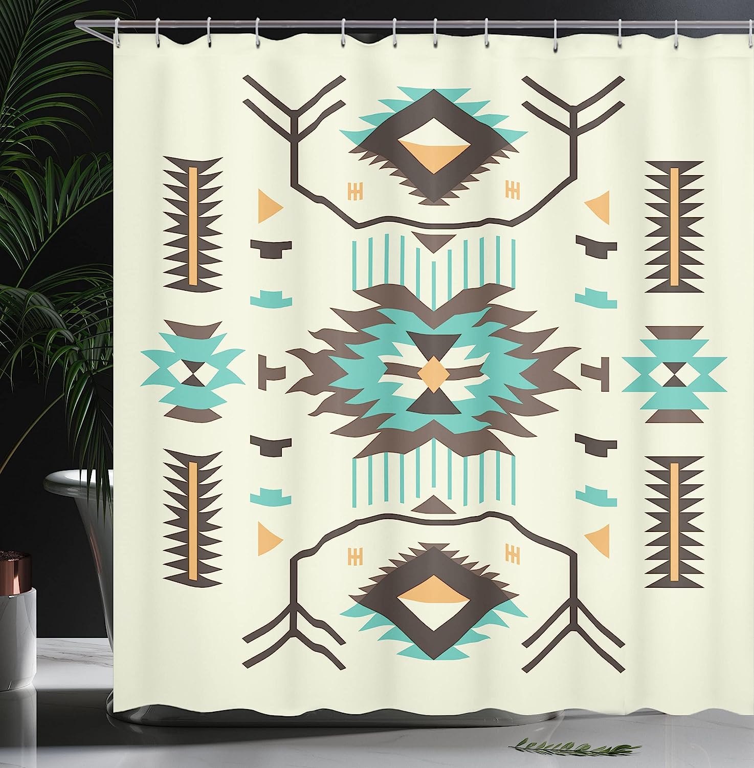 Soft Yellow Ethnic Motifs Illustration Of A Zigzags Design Drawing Printed Art Shower Curtain - Image 3