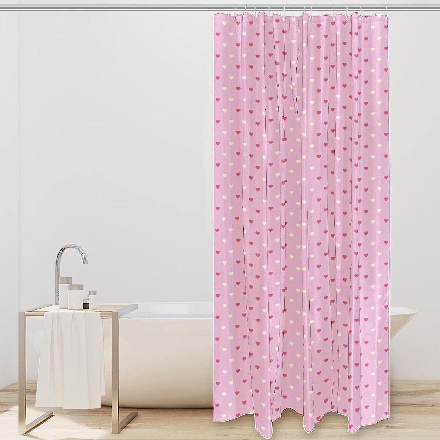 Soft and Subtle Pink Heart Pattern Shower Curtain for Minimalist Bathrooms