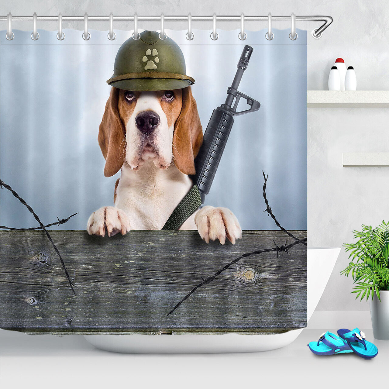 Soldier Dog Wood Plank Fence Shower Curtain - Unique Bathroom Decor - Image 2