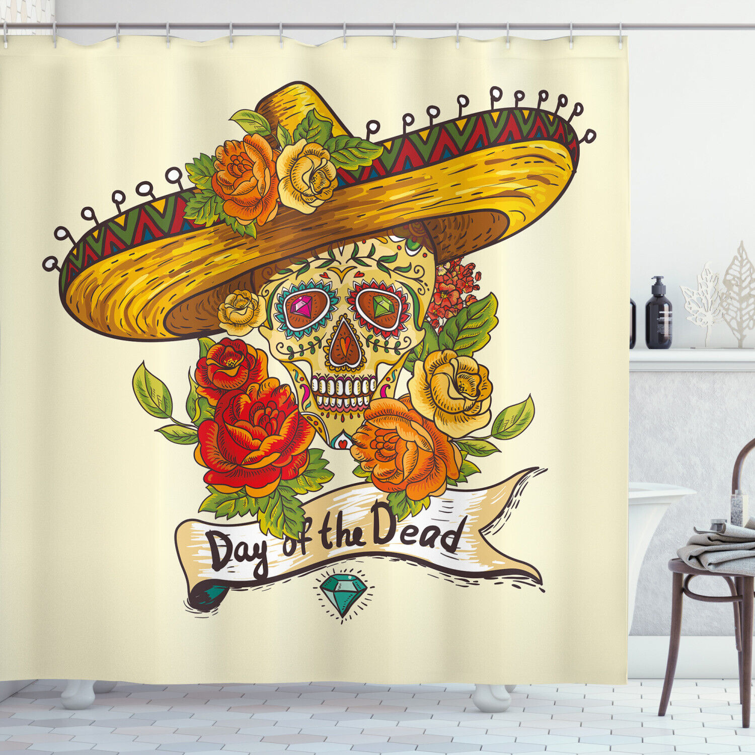 Sombrero Print Sugar Skull Shower Curtain for Bathroom Decor