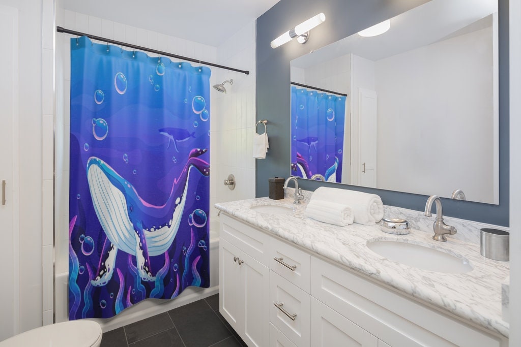 Soothing Atmosphere Blue Whale Shower Curtain For Aquatic Bathroom Decor - Image 2