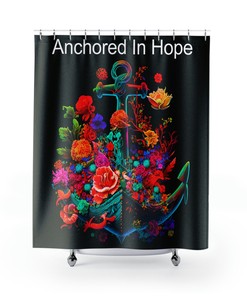 Sophisticated Black Fabric With Bright Wild Flowers Anchored In Hope Anchor Shower Curtain