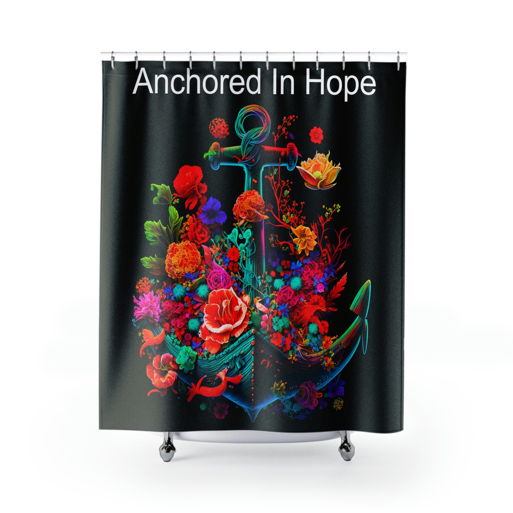 Sophisticated Black Fabric With Bright Wild Flowers Anchored In Hope Anchor Shower Curtain