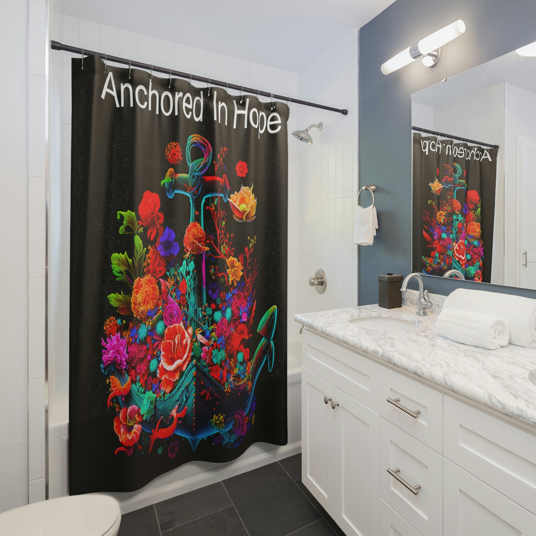 Sophisticated Black Fabric With Bright Wild Flowers Anchored In Hope Anchor Shower Curtain - Image 3