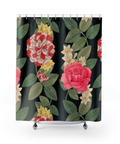 Sophisticated Black, Red, Pink, Green and Yellow Flower Shower Curtain for Chic Bathroom Decor