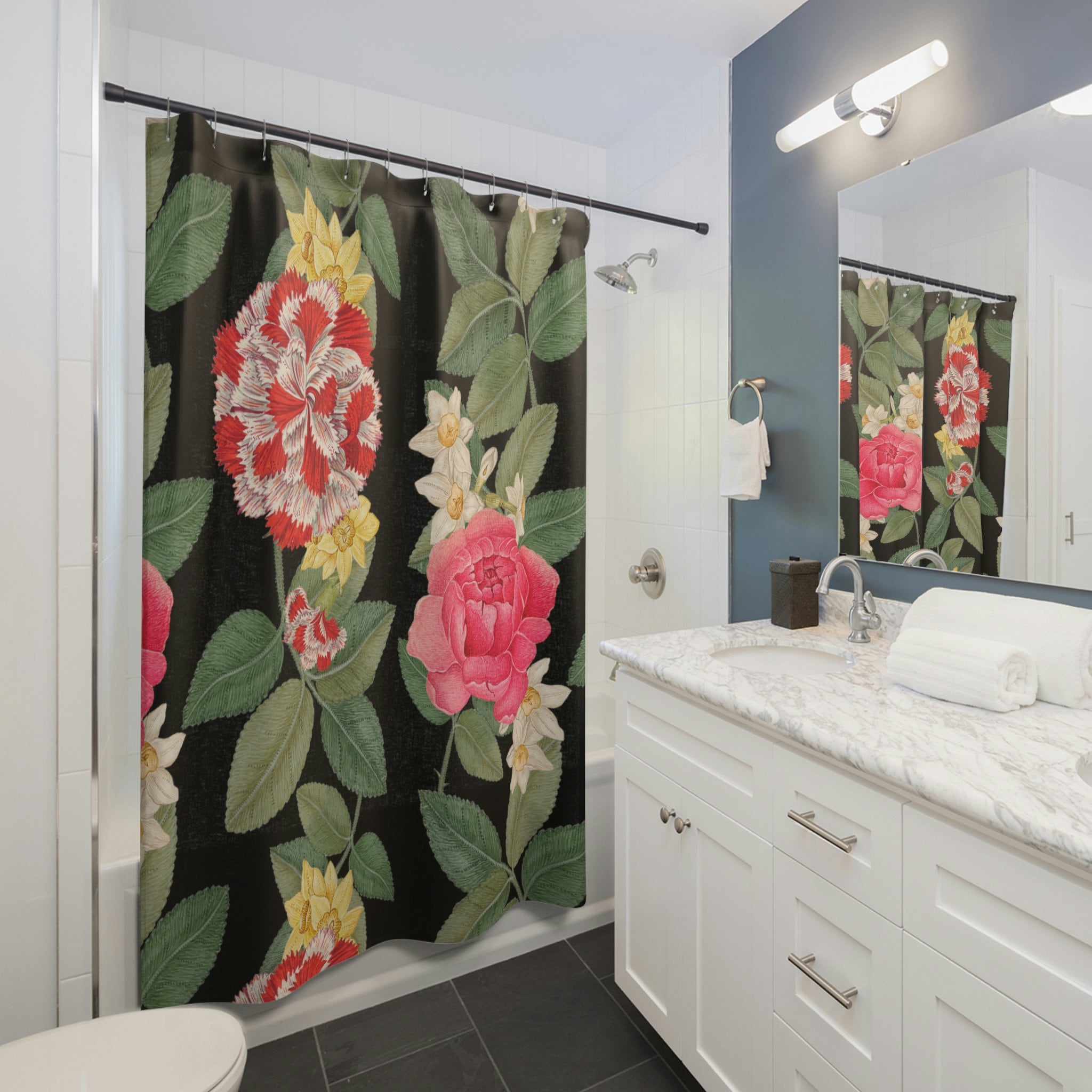 Sophisticated Black, Red, Pink, Green and Yellow Flower Shower Curtain for Chic Bathroom Decor