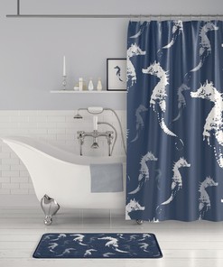 Sophisticated Coastal Bathroom Decor with Slate Blue and Gray Seahorse Fabric Shower Curtain