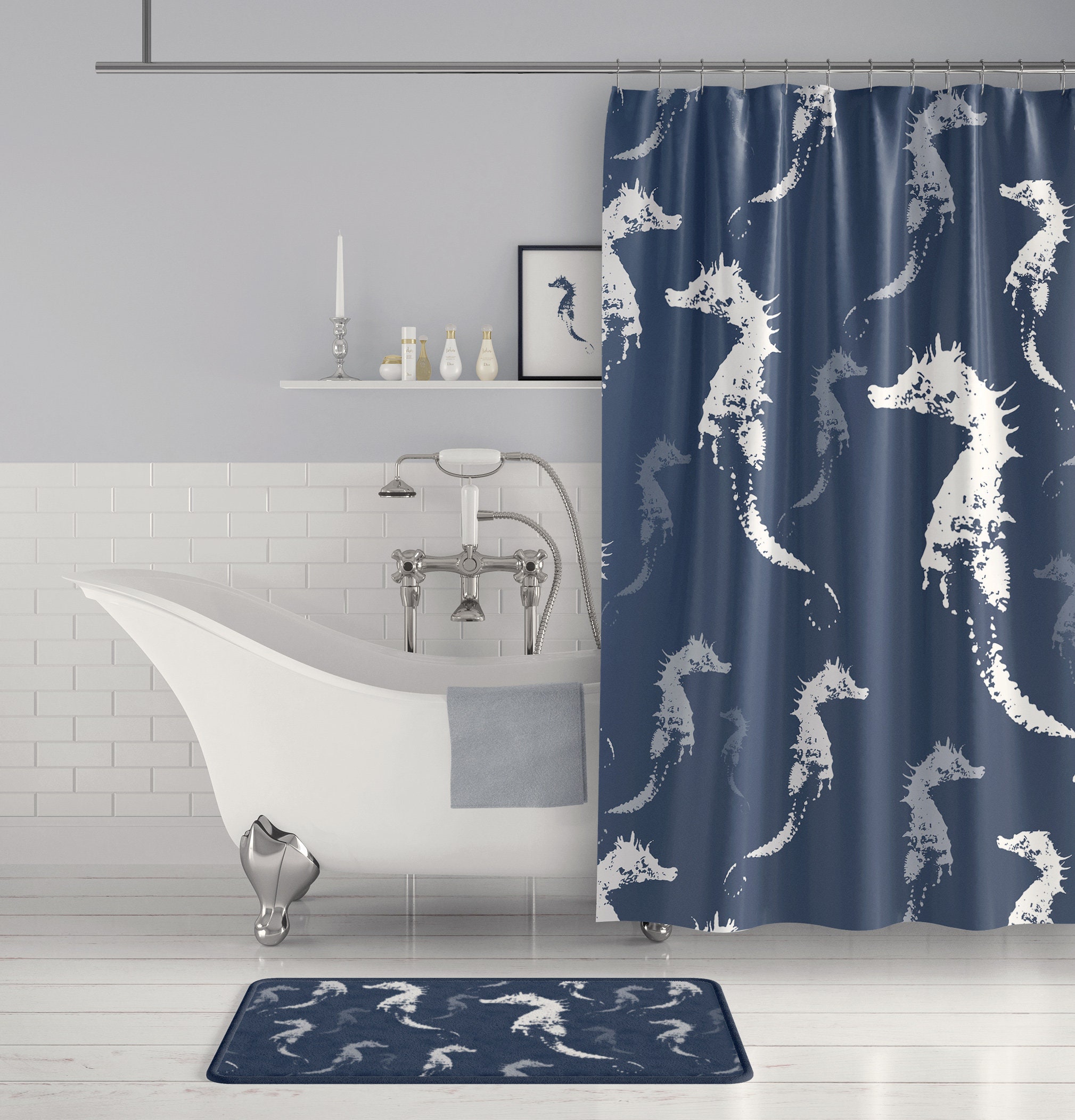 Sophisticated Coastal Bathroom Decor with Slate Blue and Gray Seahorse Fabric Shower Curtain