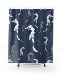 Sophisticated Coastal Bathroom Decor with Slate Blue and Gray Seahorse Fabric Shower Curtain