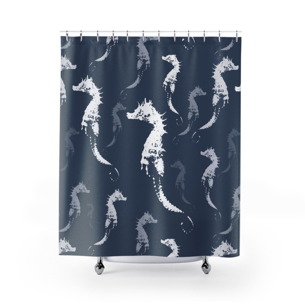Sophisticated Coastal Bathroom Decor with Slate Blue and Gray Seahorse Fabric Shower Curtain