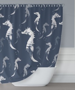 Sophisticated Coastal Bathroom Decor with Slate Blue and Gray Seahorse Fabric Shower Curtain