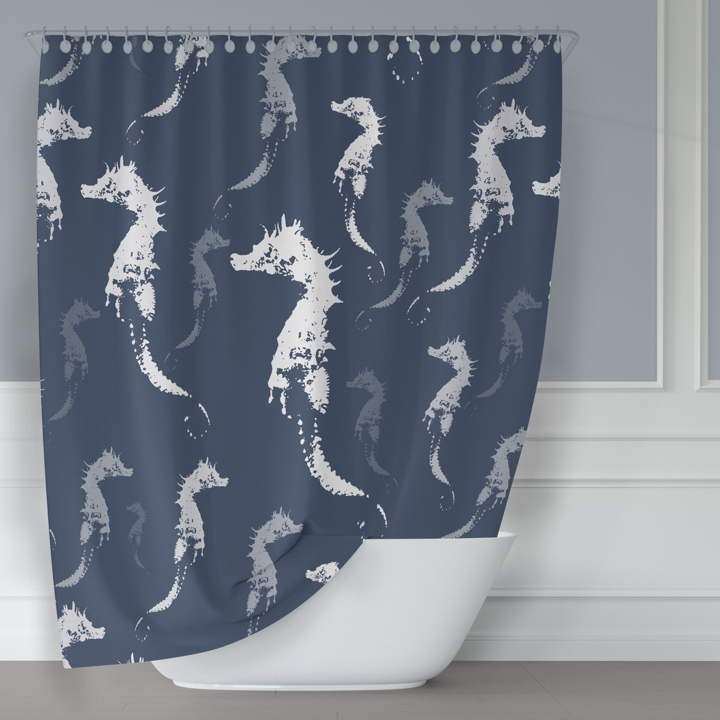 Sophisticated Coastal Bathroom Decor with Slate Blue and Gray Seahorse Fabric Shower Curtain