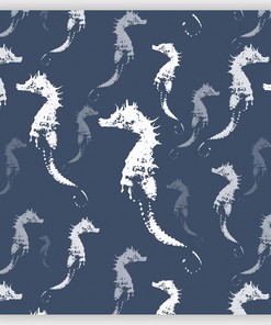 Sophisticated Coastal Bathroom Decor with Slate Blue and Gray Seahorse Fabric Shower Curtain