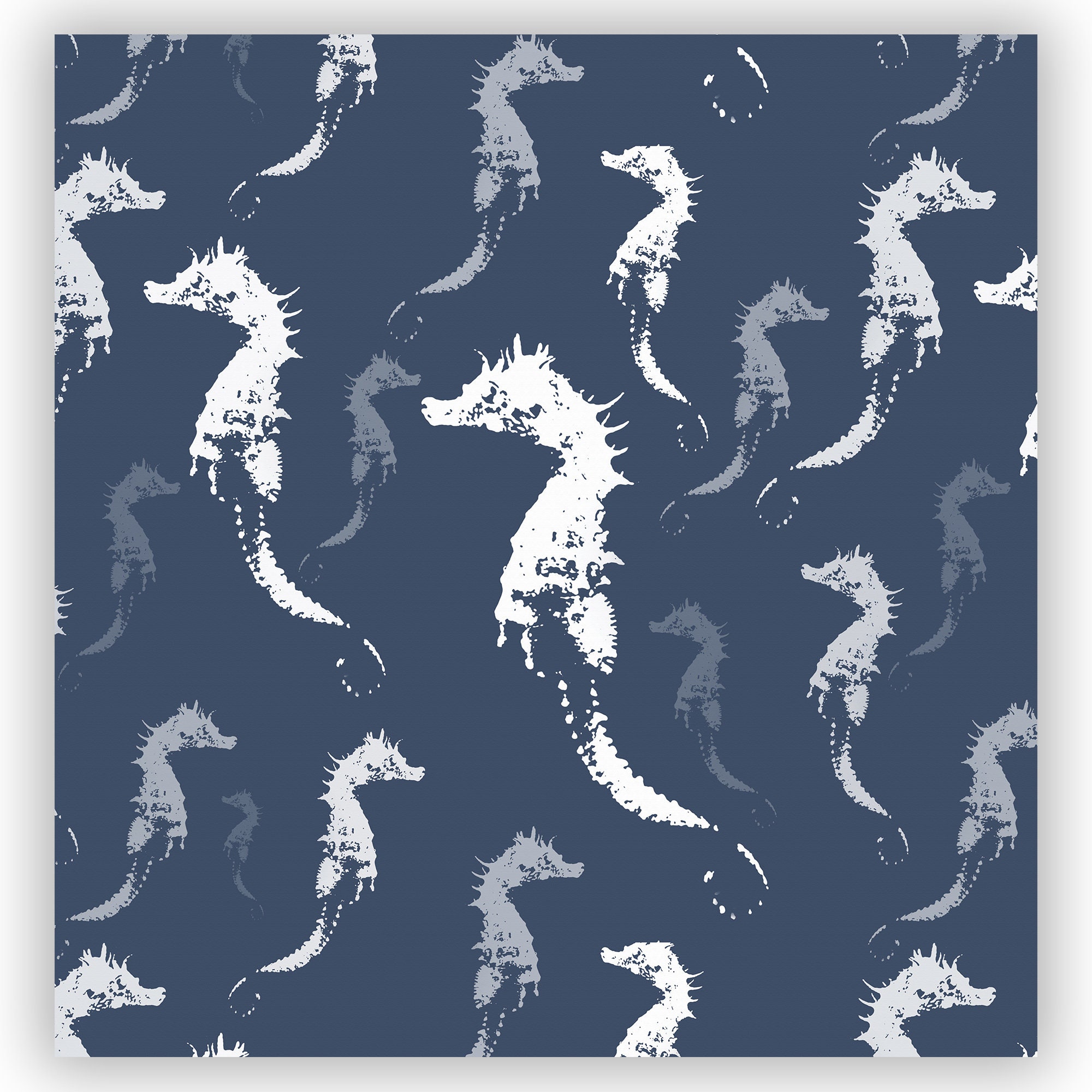 Sophisticated Coastal Bathroom Decor with Slate Blue and Gray Seahorse Fabric Shower Curtain