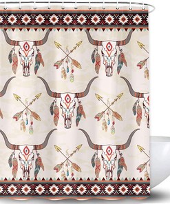 Southwest Aztec Tribal Cattle Skull With Feathers Shower Curtain Set - Ancient Bath Curtain For Beige Bathrooms