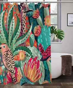 Southwest Birds and Blooms Shower Curtain - Decorative Cloth with Colorful Desert Theme