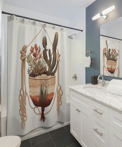 Southwest Style Macrame Plant Hanger Printed Shower Curtain for Rustic Bathroom Decor
