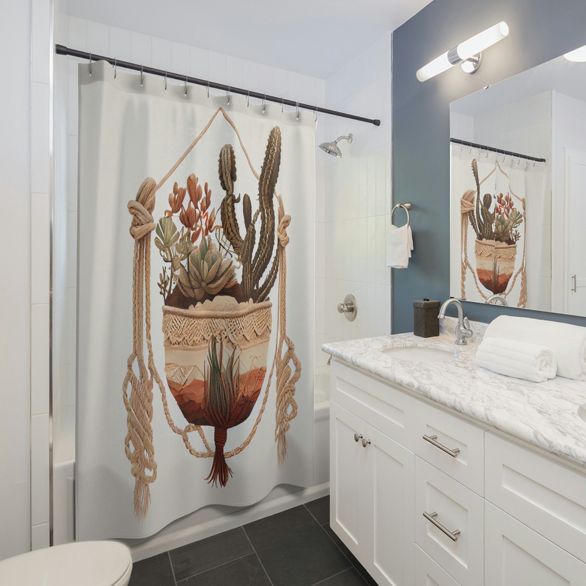 Southwest Style Macrame Plant Hanger Printed Shower Curtain for Rustic Bathroom Decor