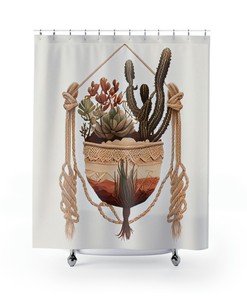 Southwest Style Macrame Plant Hanger Printed Shower Curtain for Rustic Bathroom Decor