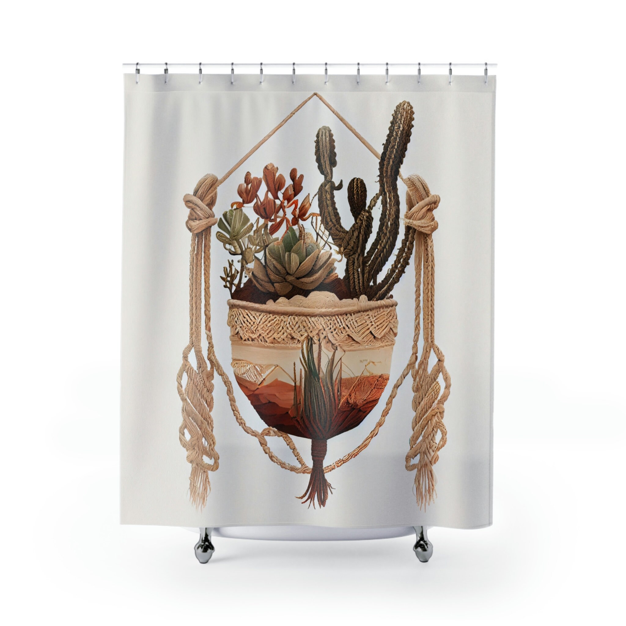 Southwest Style Macrame Plant Hanger Printed Shower Curtain for Rustic Bathroom Decor