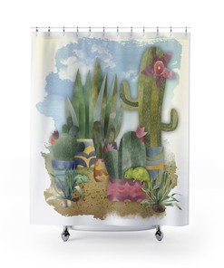 Southwest Watercolor Cacti in Pots, Agave Plants & Lizards Shower Curtain