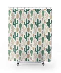 Southwestern Cactus Shower Curtain, Desert Bathroom Decor, Beige Curtain