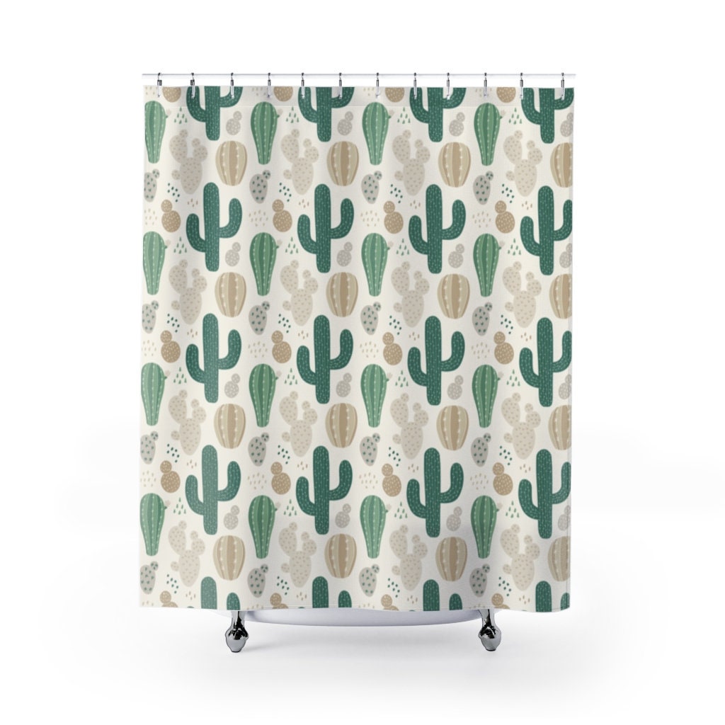 Southwestern Cactus Shower Curtain, Desert Bathroom Decor, Beige Curtain