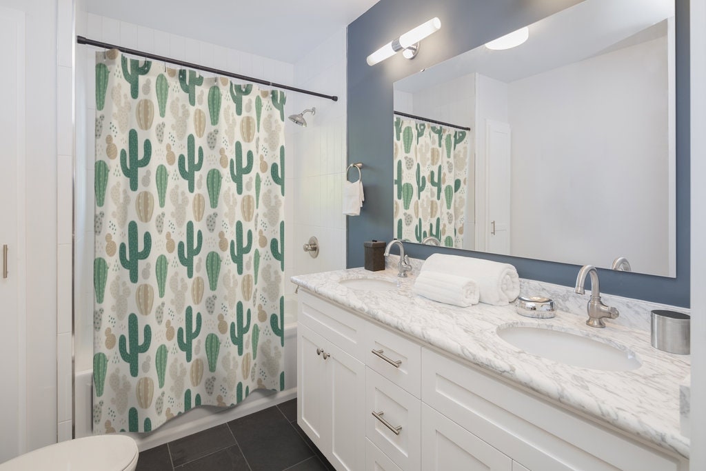 Southwestern Cactus Shower Curtain, Desert Bathroom Decor, Beige Curtain - Image 2
