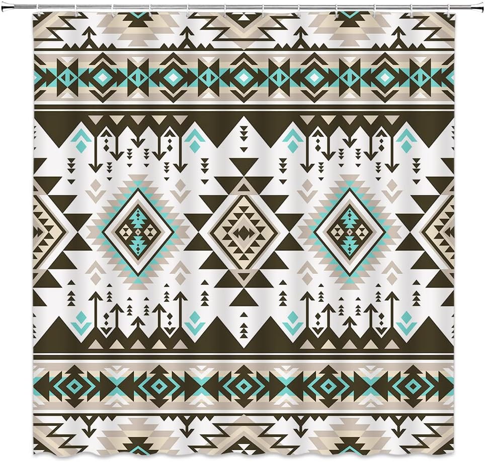 Southwestern Native American Aztec Shower Curtain, Vintage Bathroom Decor with Tribal Pattern