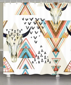 Southwestern Native Trible Bull Skull Bohemian Shower Curtain for Western Bathroom