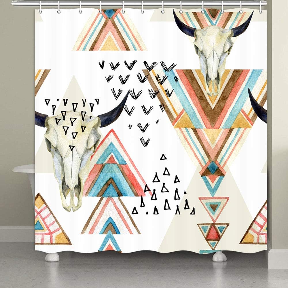 Southwestern Native Trible Bull Skull Bohemian Shower Curtain for Western Bathroom